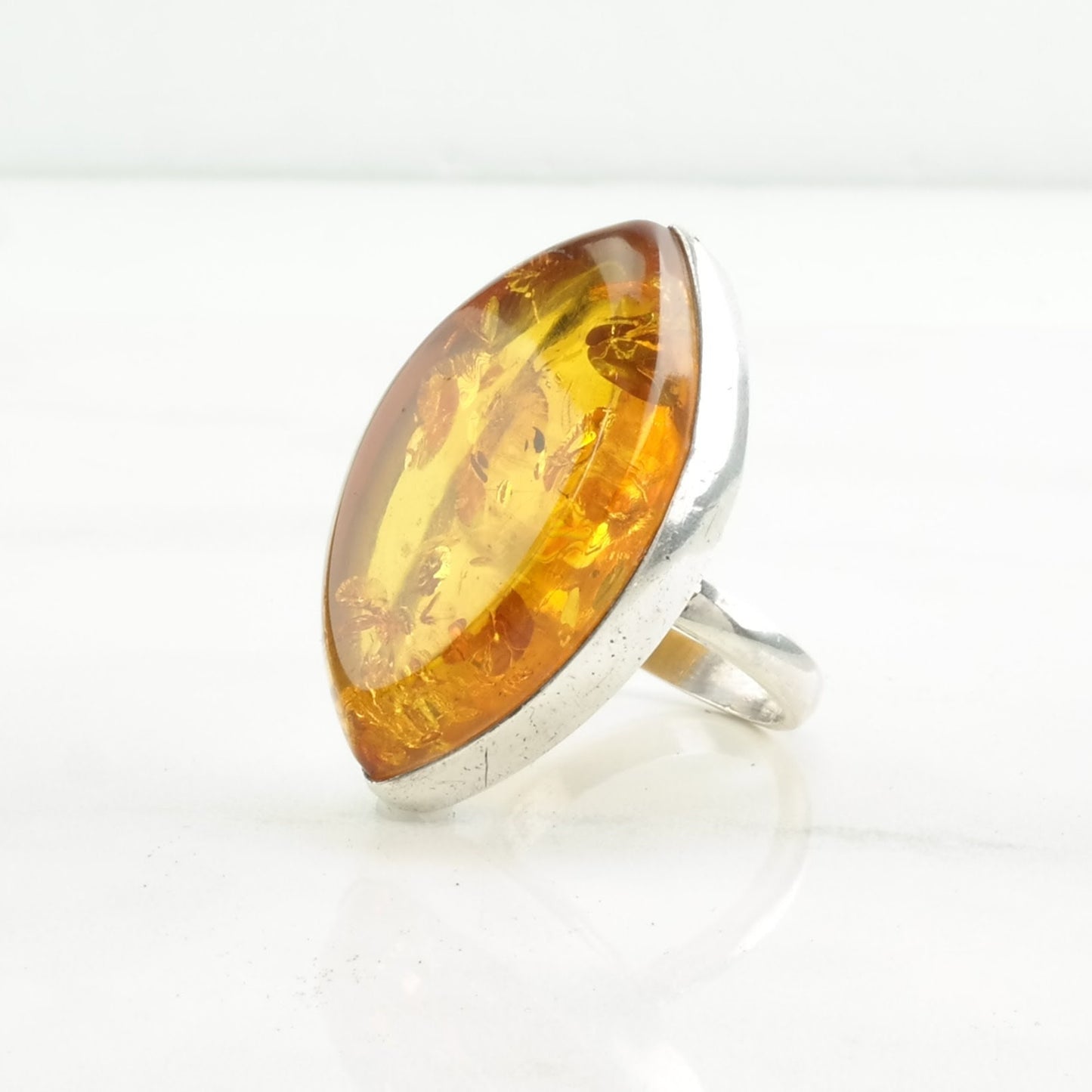 European Silver Ring Amber Large Sterling Orange Size 9