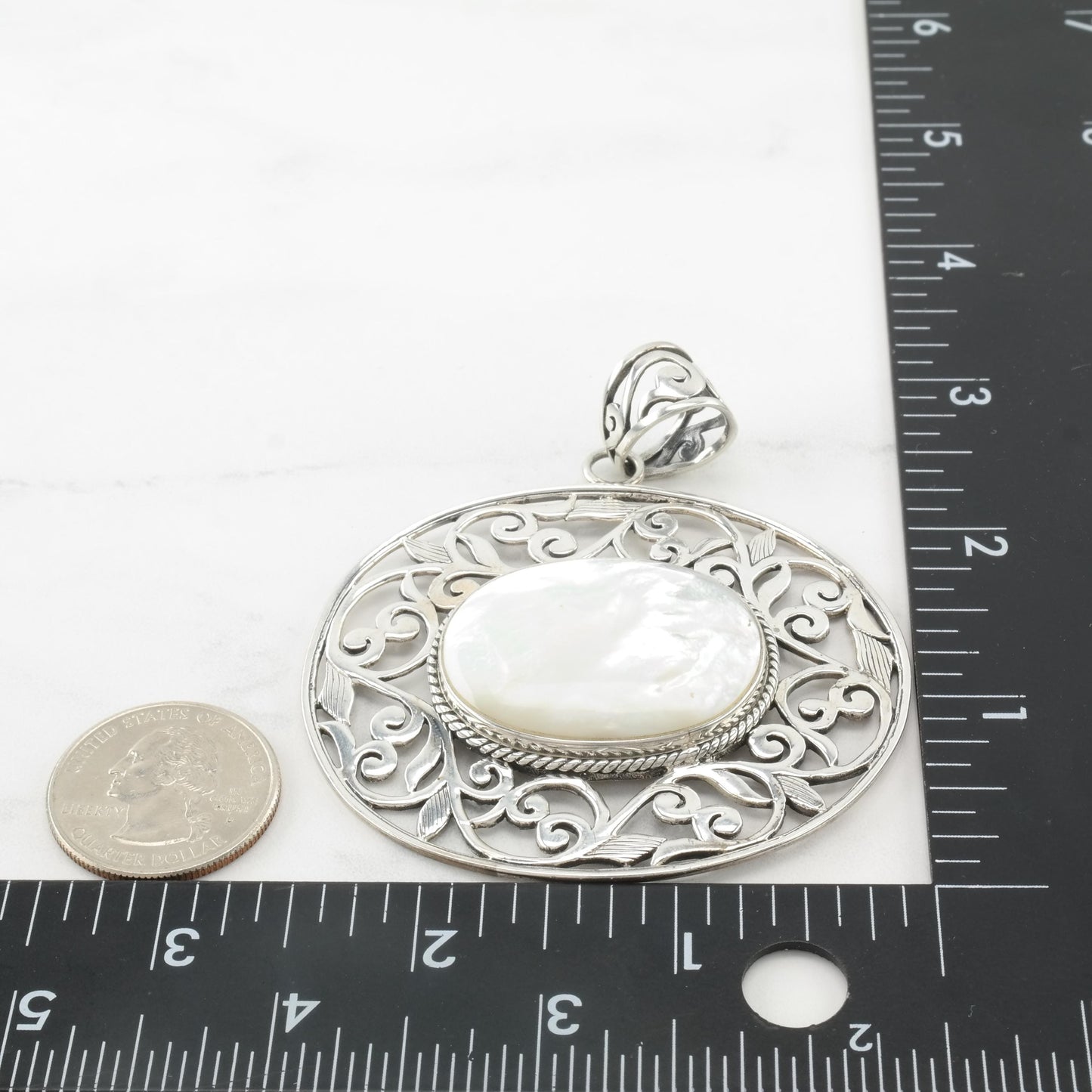 Vintage Large Thai Filigree Silver Pendant MOP Sterling