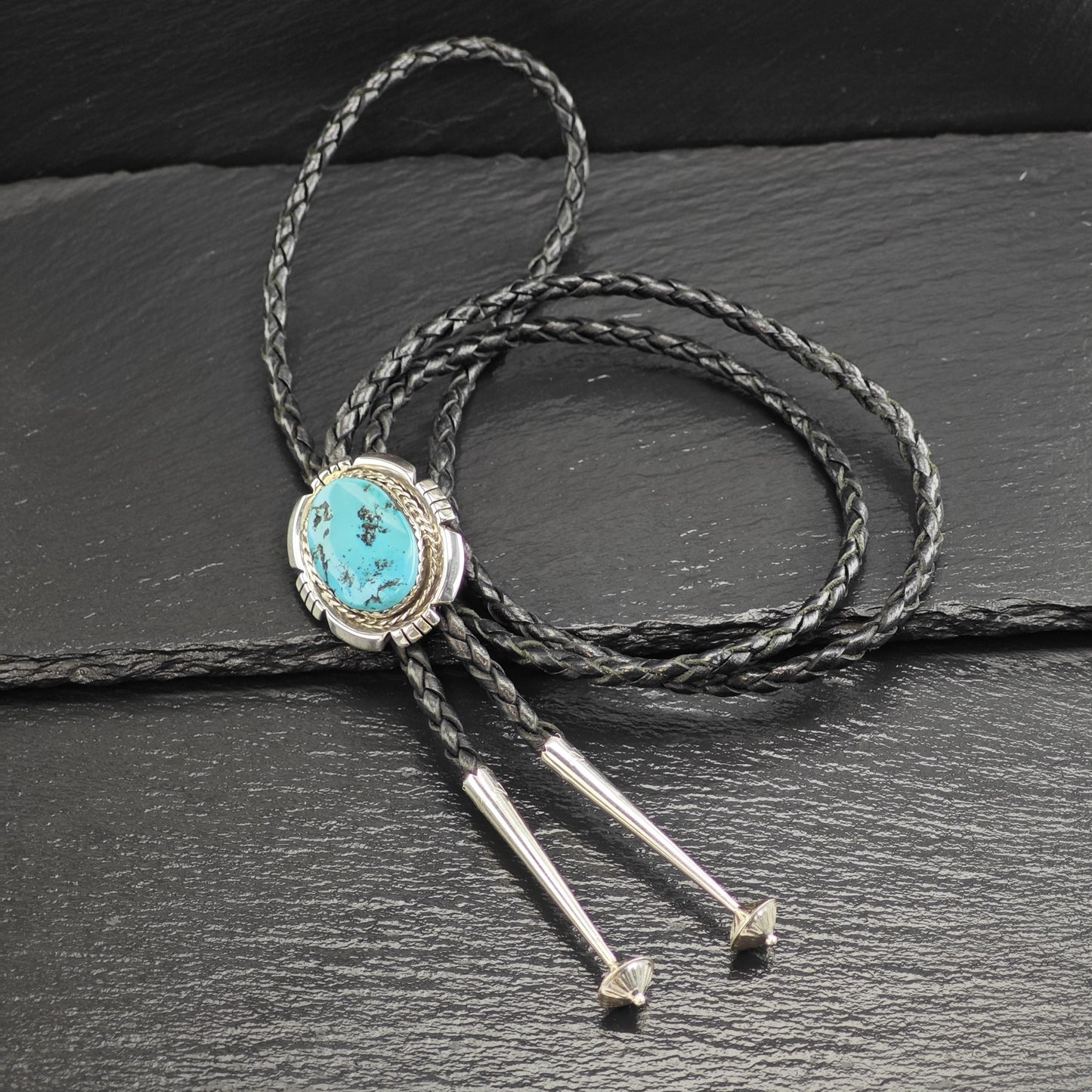 Vintage Native American Sterling Silver Sleeping Beauty Turquoise Bolo Tie Necklace N2745