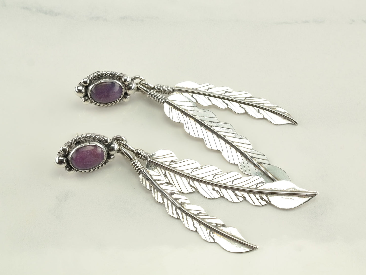 Southwest Sterling Silver Purple Sugilite Feather Earrings