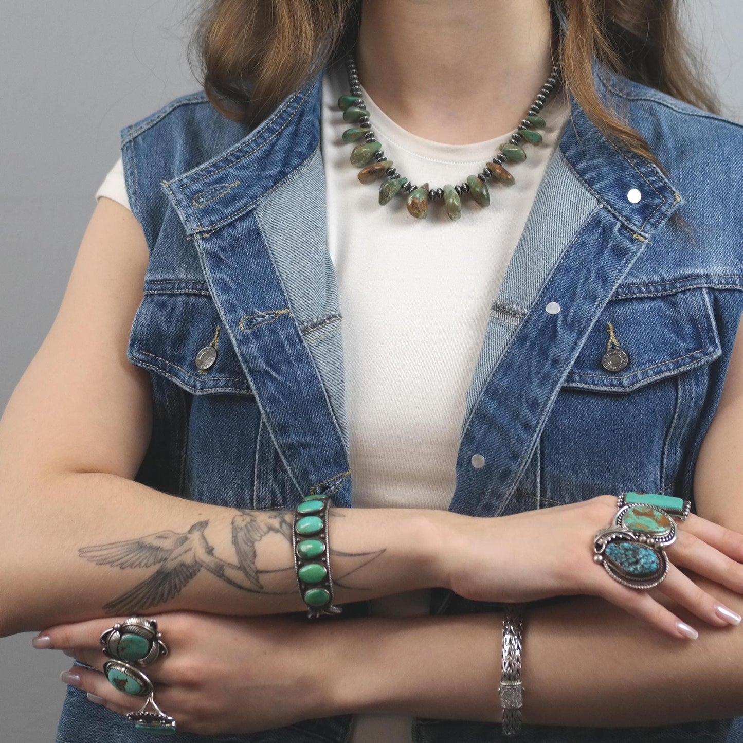 Native, Green Turquoise Sterling Silver Shell Necklace N2393