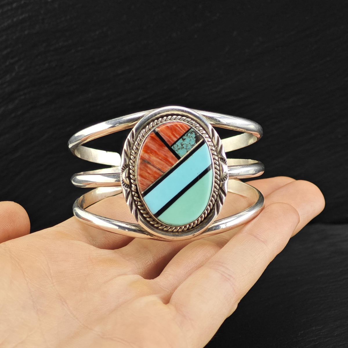 AS IS Turquoise & Spiny Oyster Inlay Sterling Silver Cuff Sz 5 3/4" BR3139