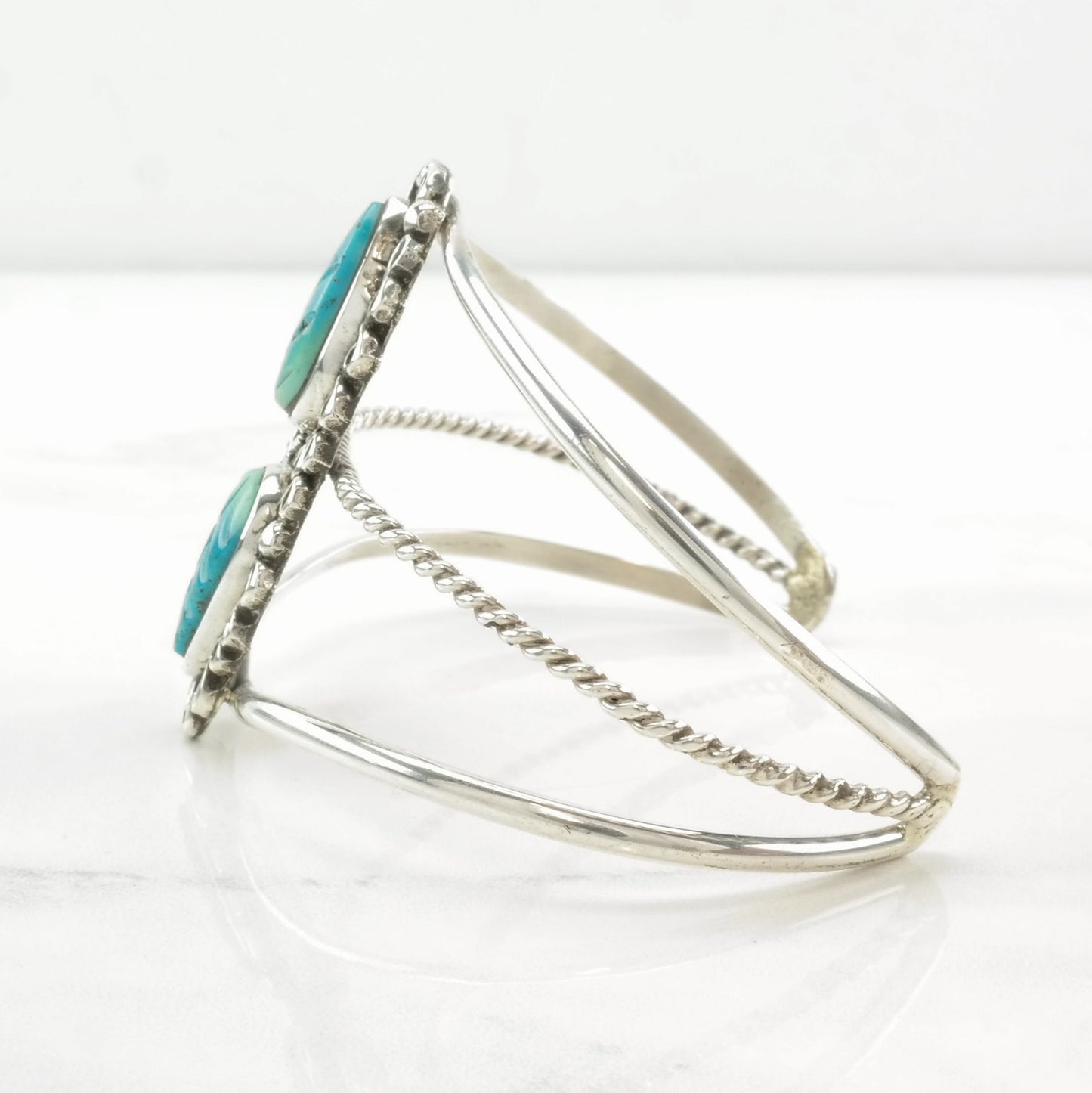 Native American Sterling Silver Cuff Bracelet Carved Turquoise