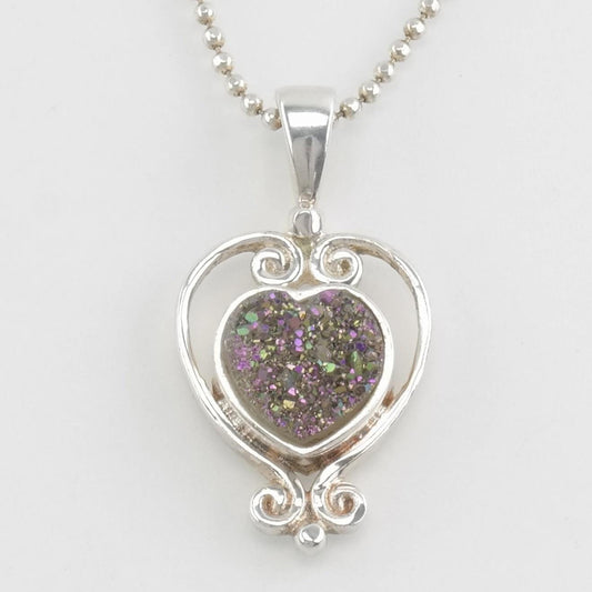 Vintage Sajen Sterling Silver Multicolor Druzy Heart Necklace