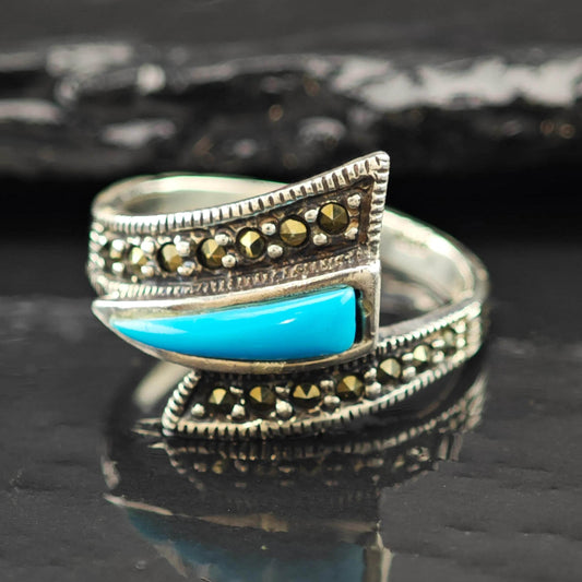 Block Turquoise Marcasite Ring Sterling Silver Sz 7 3/4 R6219