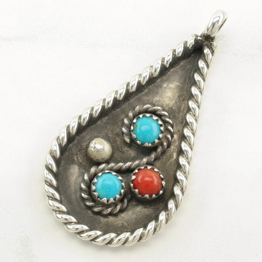 Vintage Native American Turquoise, Coral Shadowbox Sterling Silver Pendant