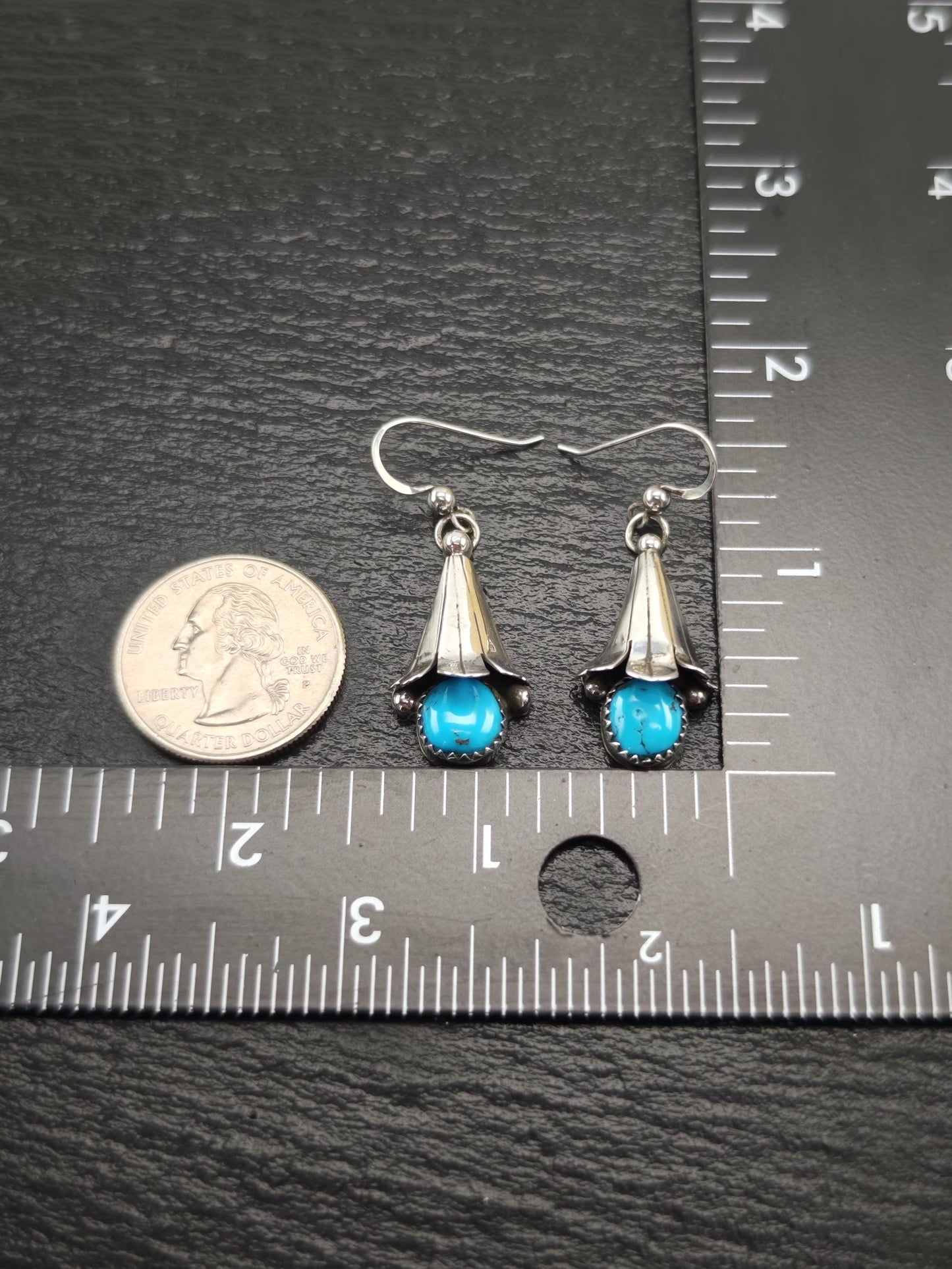 Vintage Blue Turquoise Blossom, Fish Hook Earrings Sterling Silver