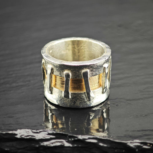 Abstract Modernist 14K Accent Thick Band Sterling Silver Ring Sz 9 R6811