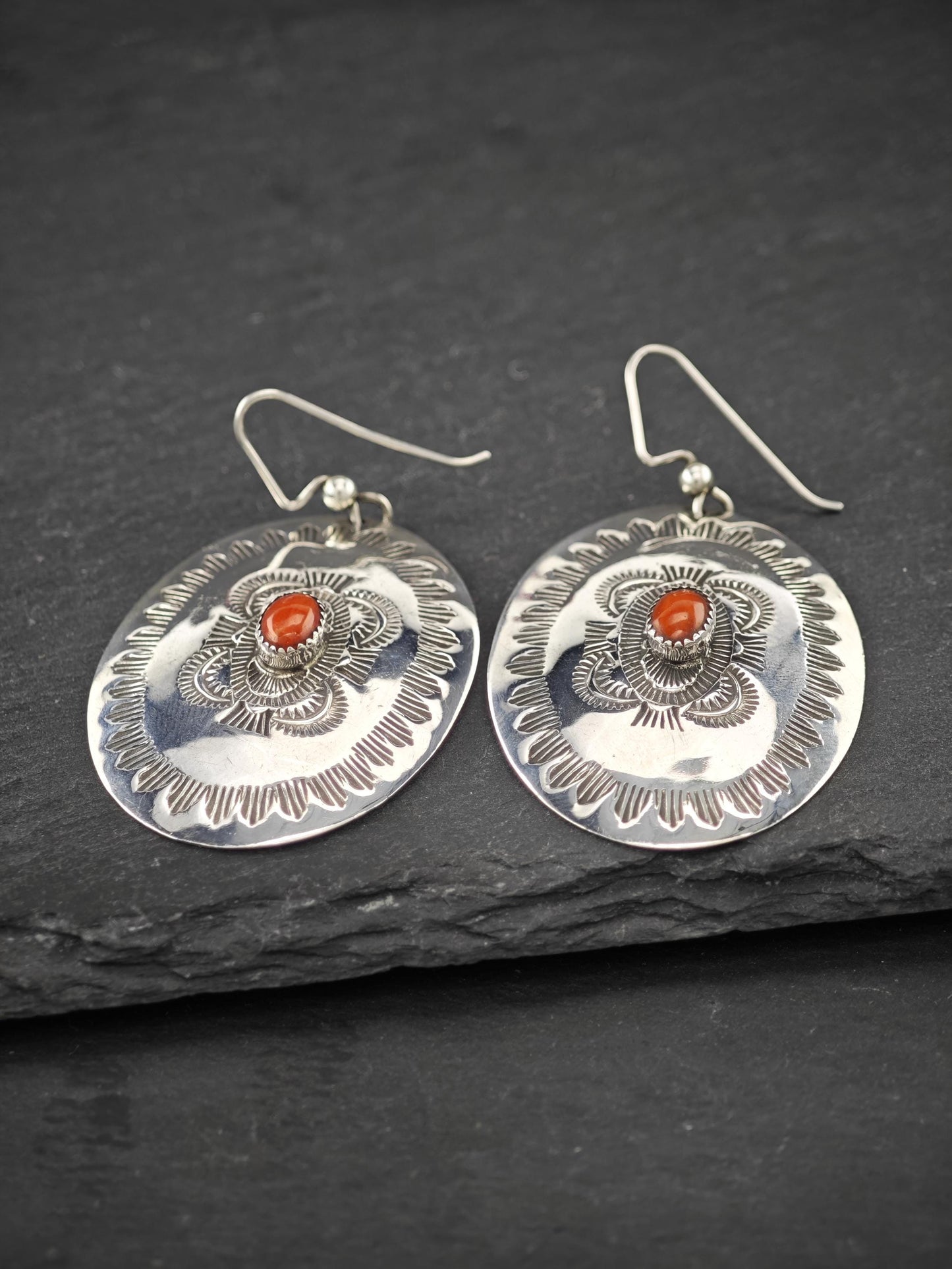 Native American, Stamped Fish Hook Earrings Sterling Silver