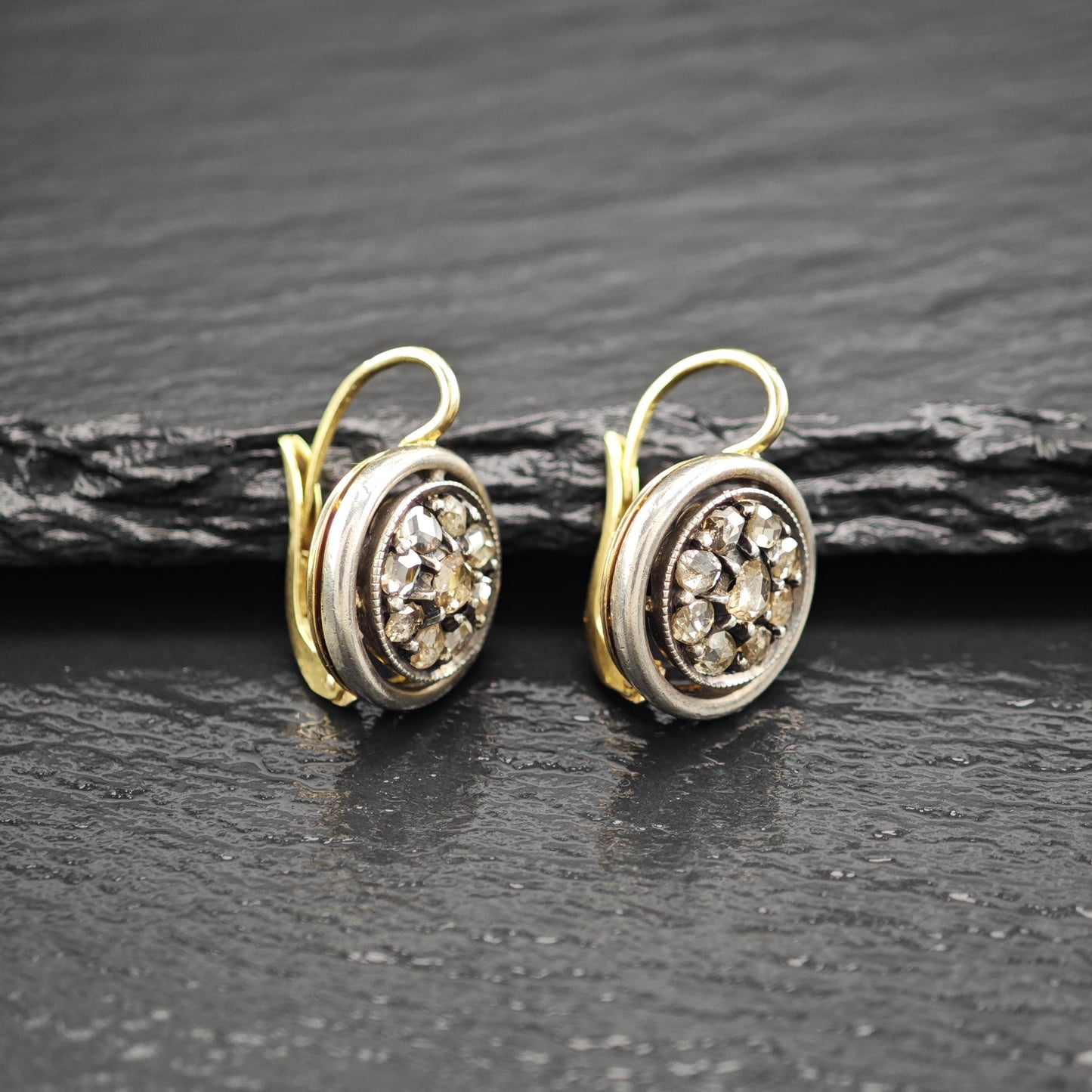 Antique Gold Rose Cut Diamond Lever Back Earrings Silver Over Gold Georgian Elegance