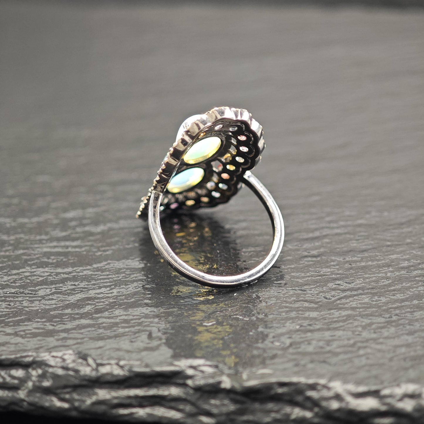 Opal Diamond Ring with Sapphire Accents in Oxidized Sterling Silver R5804