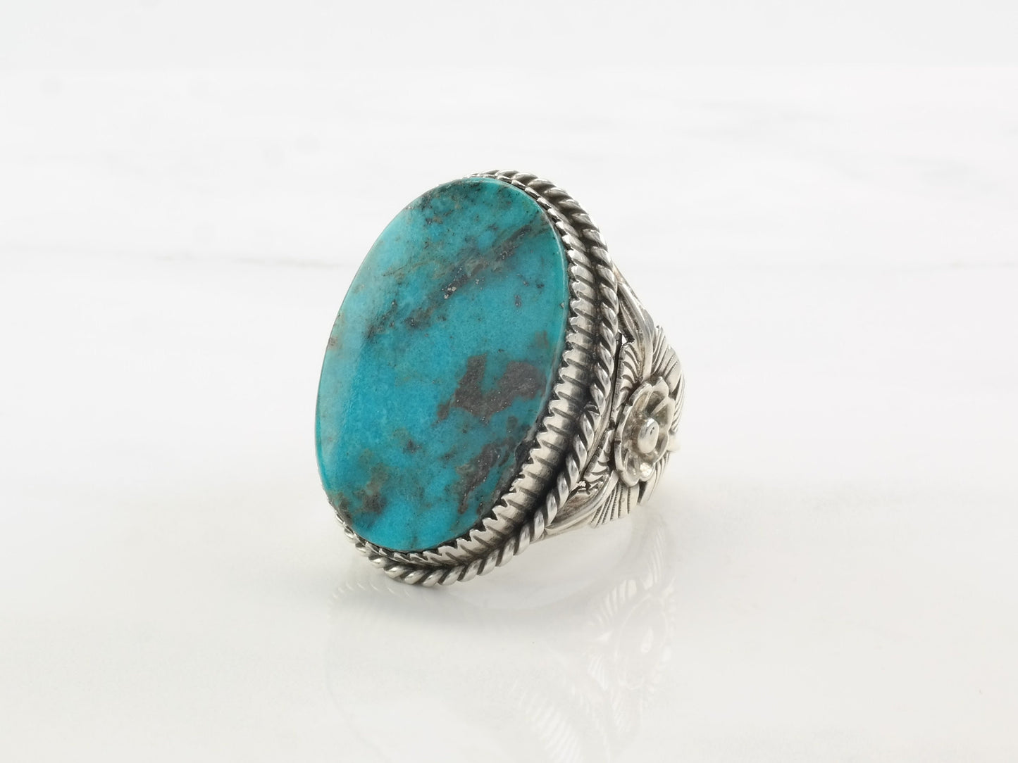 Vintage Native American Silver Ring Turquoise, Oval, Floral Sterling Size 10 3/4
