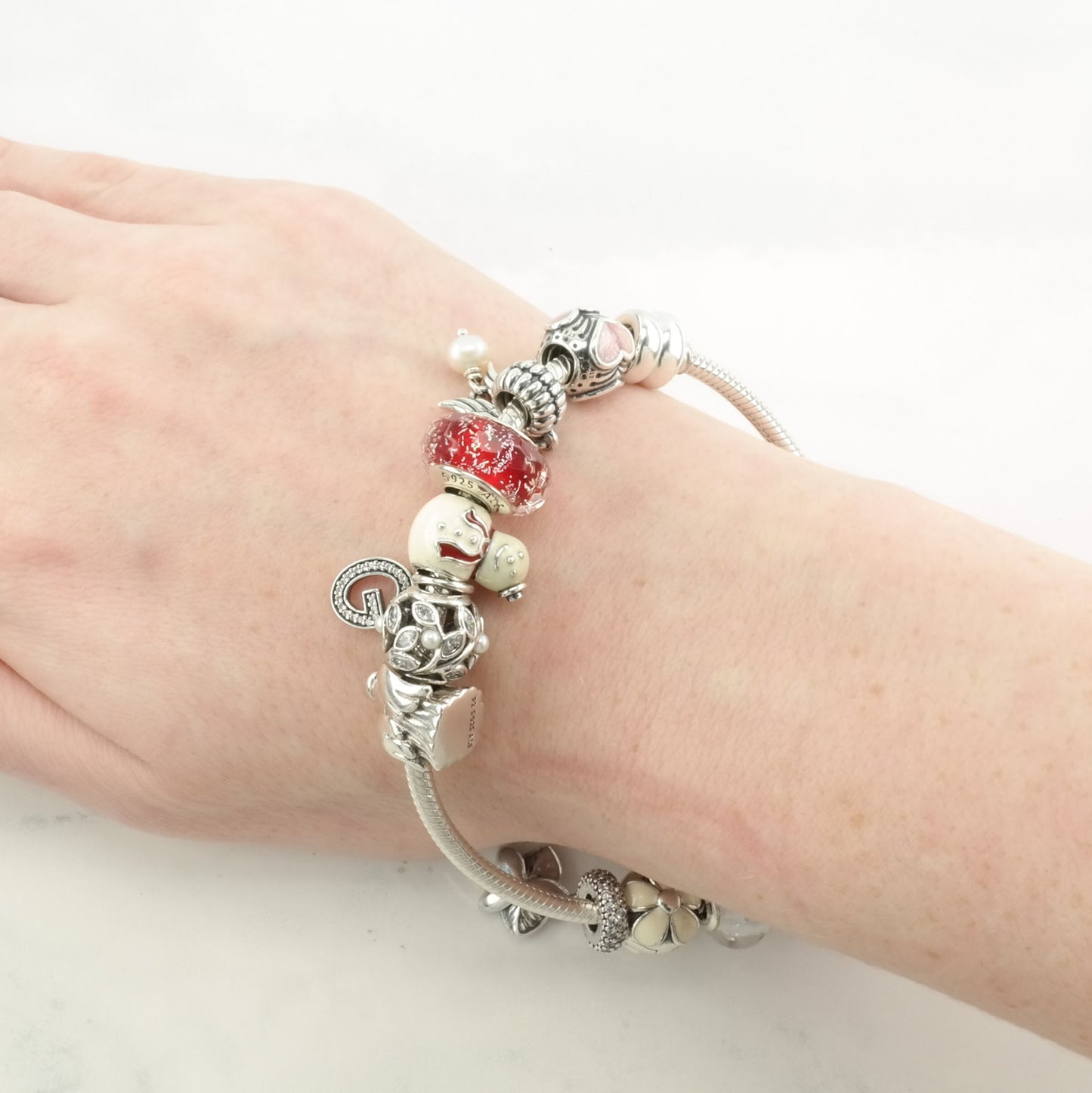 Pandora Sterling Silver Charm Bracelet Red Enamel, CZ Heart, Flower, Angel, 17 Charms