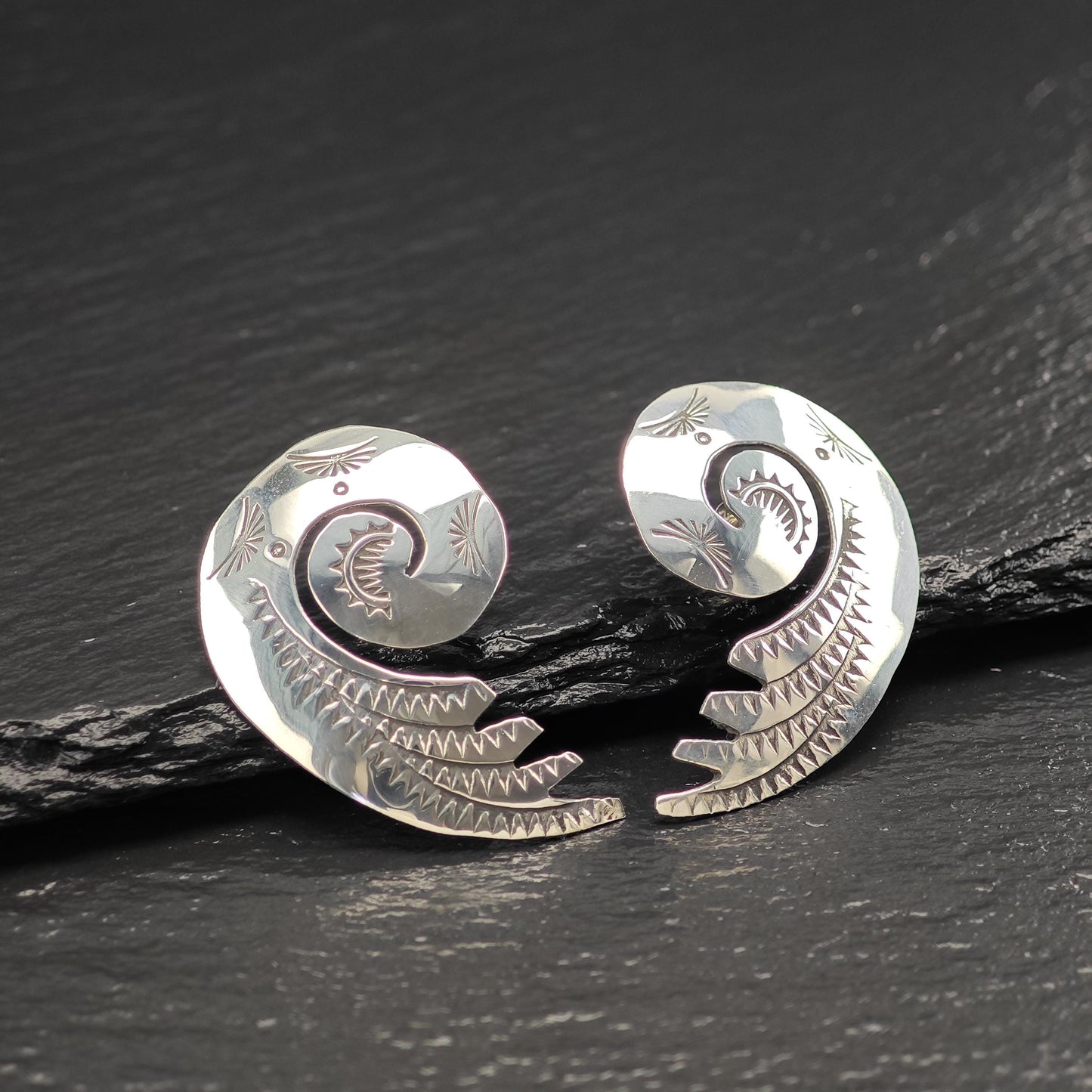 Native American Stamped, Swirl Stud Earrings Sterling Silver