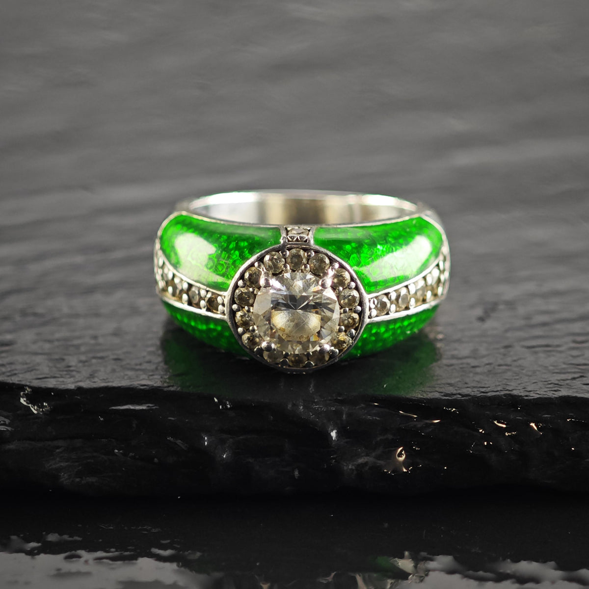 Hallmark Green Enamel CZ Sterling Silver Ring Sz 6 R6824