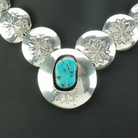 Vintage Native American Sterling Silver Turquoise Disc Bead, Reversible, Stamped Necklace