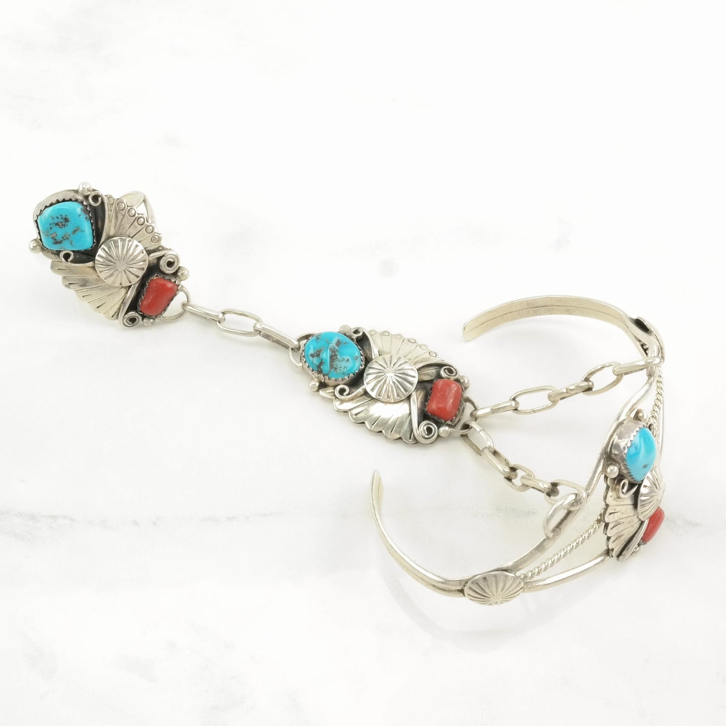 Native American Sterling Silver Cuff Bracelet Blue, Red Turquoise, Coral Floral