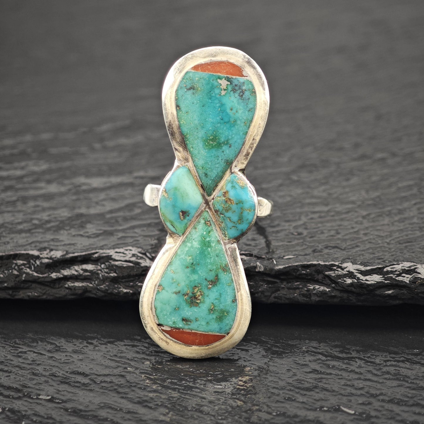 Large Turquoise, Coral Inlay Ring Sterling Silver Sz 8 R5934