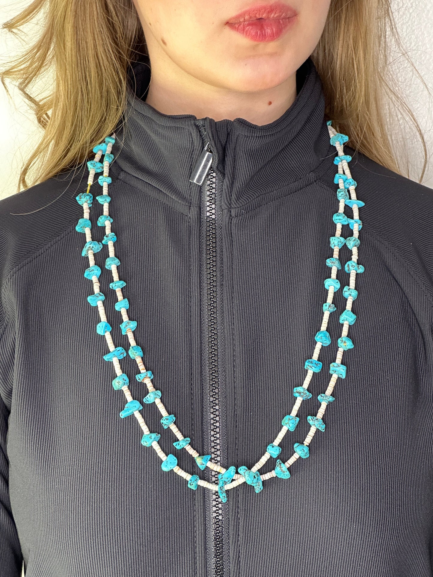 Sw Turquoise, Coral, Shell, Two Strand, Heishi Sterling Silver Bead Necklace N1626