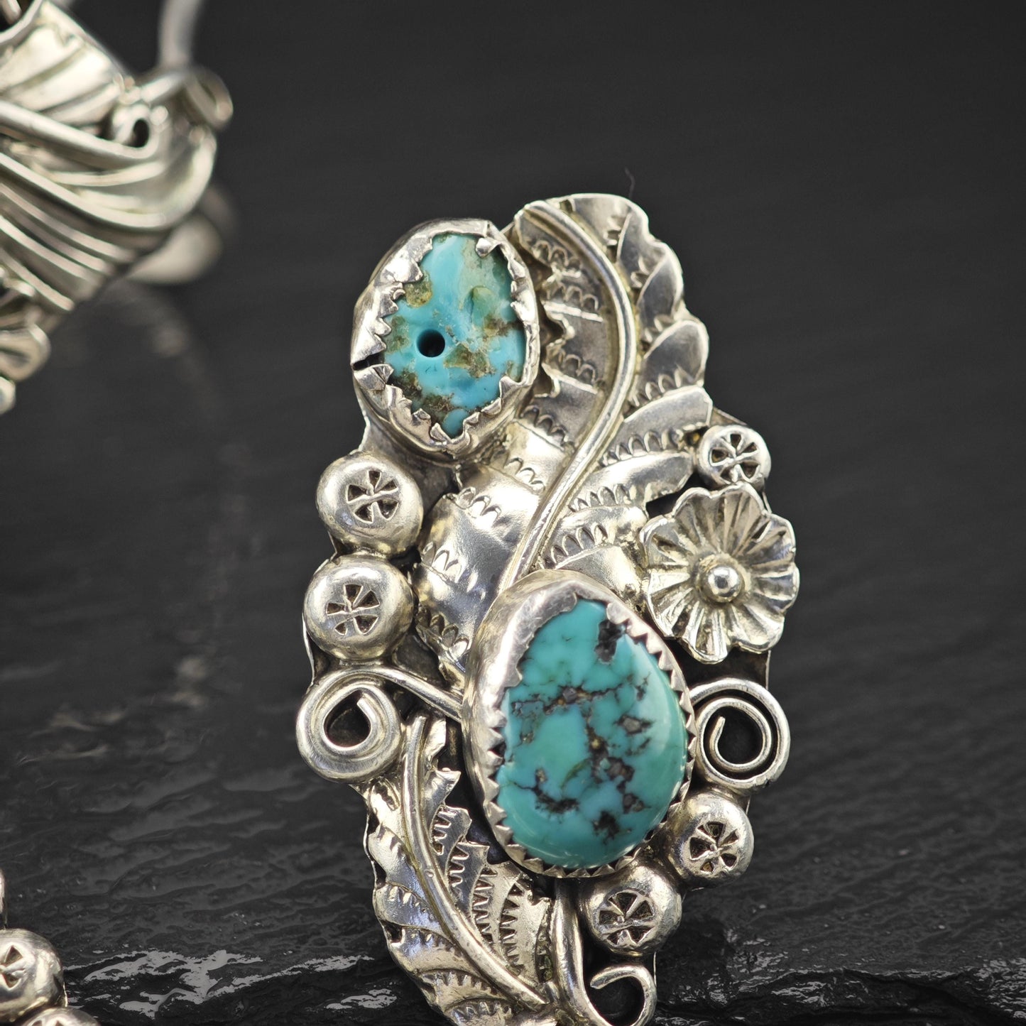 Native American Turquoise Floral Cuff Ring Bracelet Combo Sterling Silver