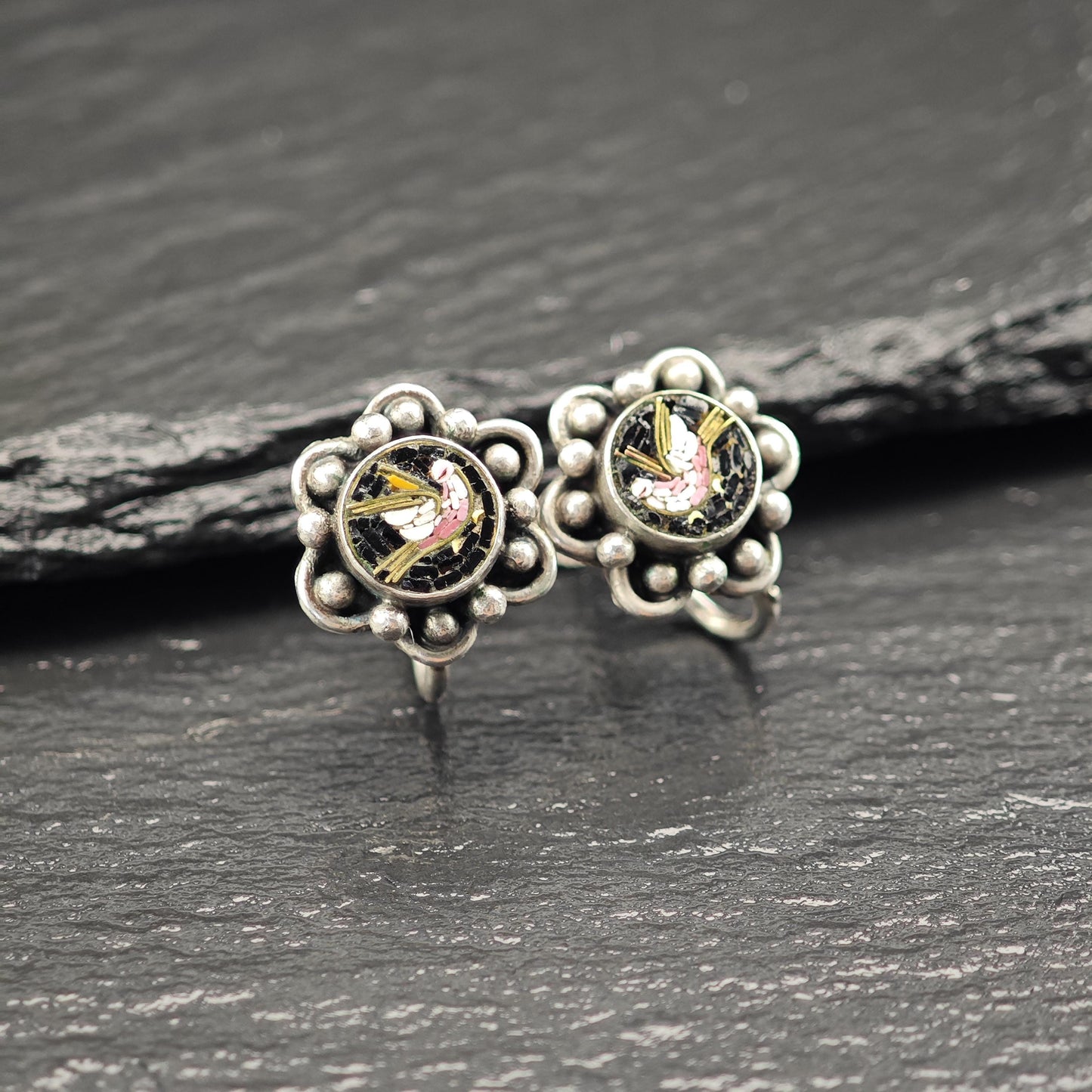 Italy Micro Mosaic Bird Screw Back Earrings Sterling Silver