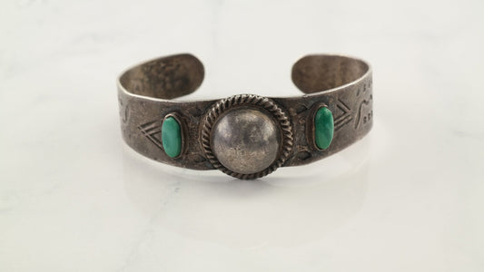 Fred Harvey Era Sterling Silver Cuff Bracelet Green Turquoise