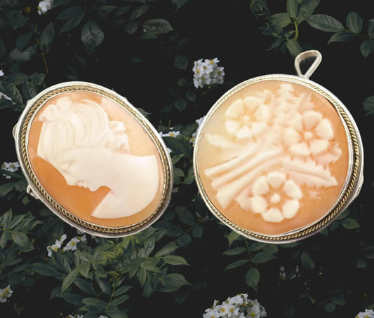 Sterling Silver Brooch: Carved Cameo Design Pink and White