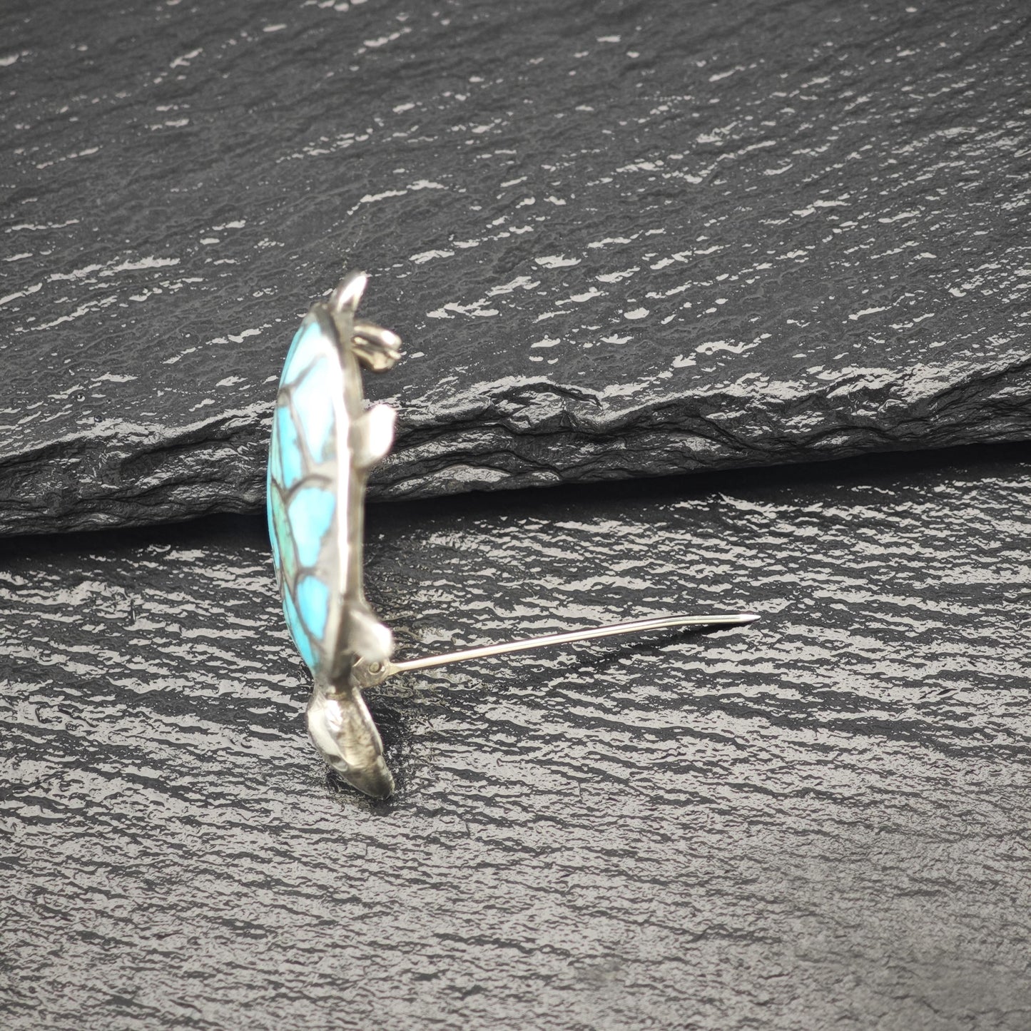 Zuni Sterling Silver Brooch Turtle, Inlay Blue Turquoise