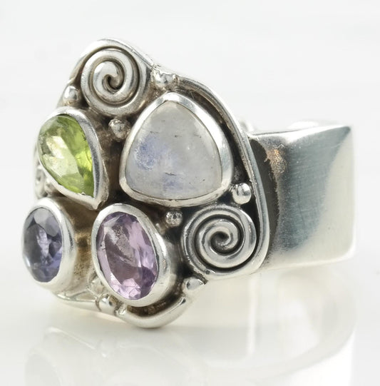 Vintage Sajen Ring Moonstone, Amethyst, Peridot Sterling Silver Size 8 1/2