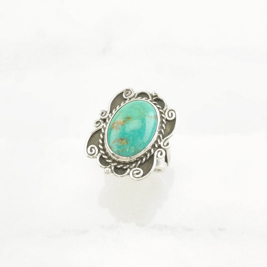 Southwest Silver Ring Turquoise Scroll Detail Sterling Blue Size 8 1/4