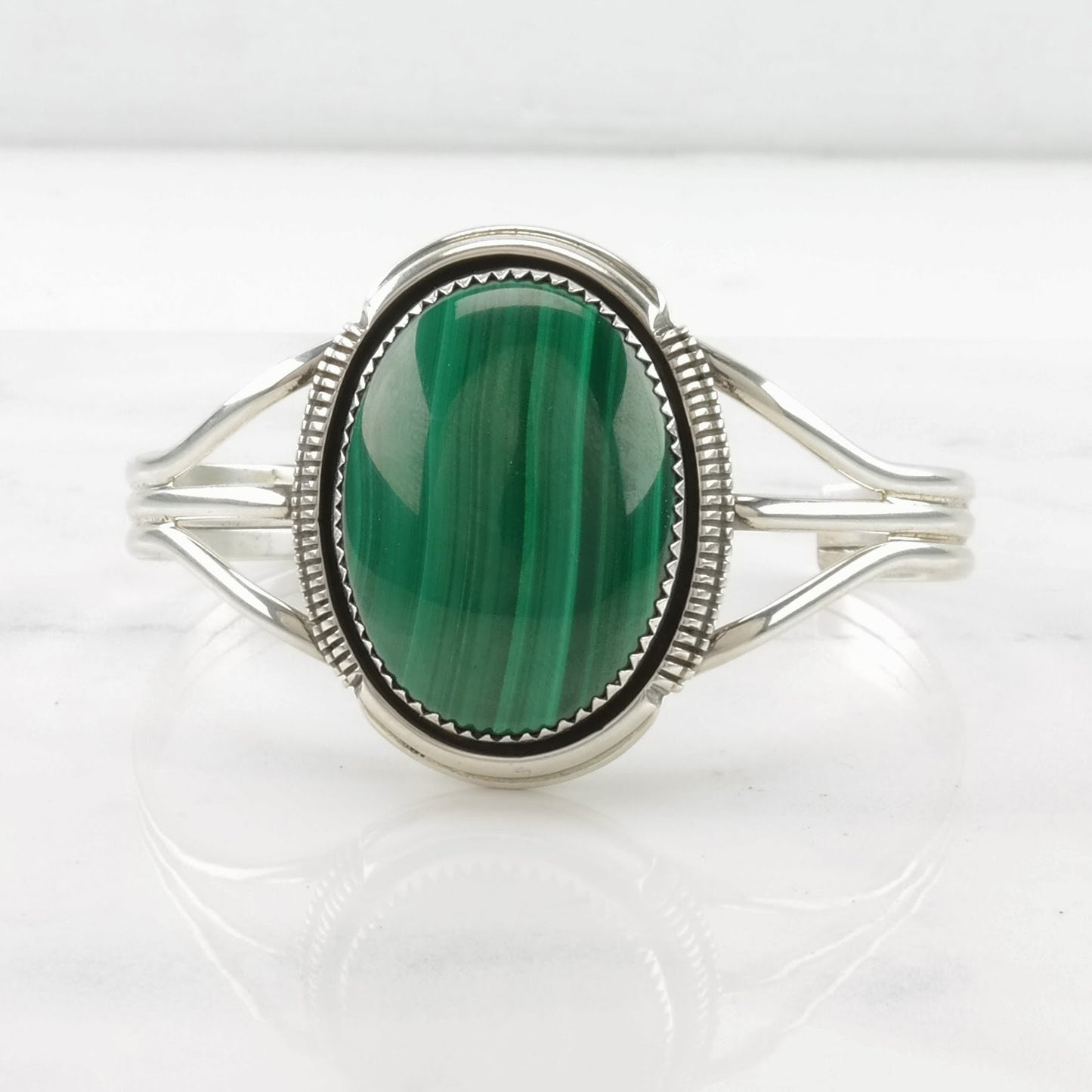 Native American Sterling Silver Cuff Bracelet Green Malachite