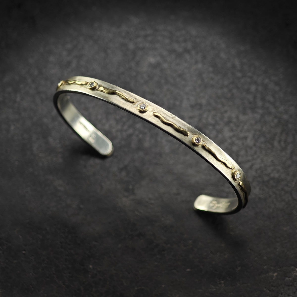 Artist Signed Diamond 14K Gold Accent, Thin Sterling Silver Cuff Bracelet Sz 6 1/4" BR3174