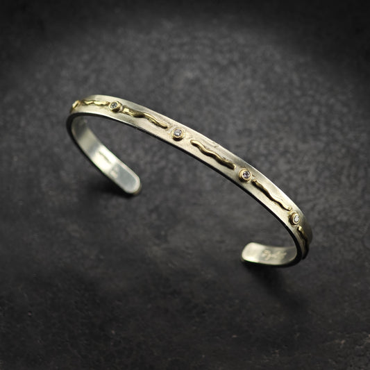 Artist Signed Diamond 14K Gold Accent, Thin Sterling Silver Cuff Bracelet Sz 6 1/4" BR3174