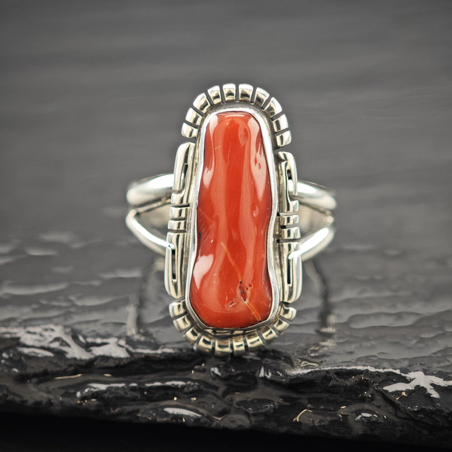Native American Long Coral Ring Sterling Silver Size 9