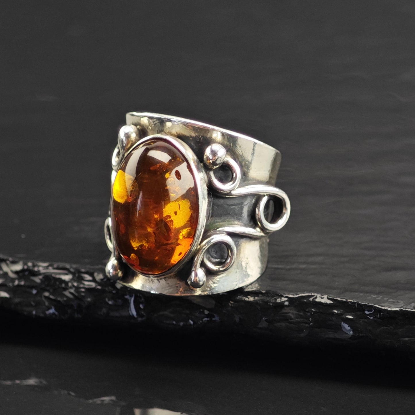Large Amber Modernist Sterling Silver Ring Sz 6 3/4 R6727