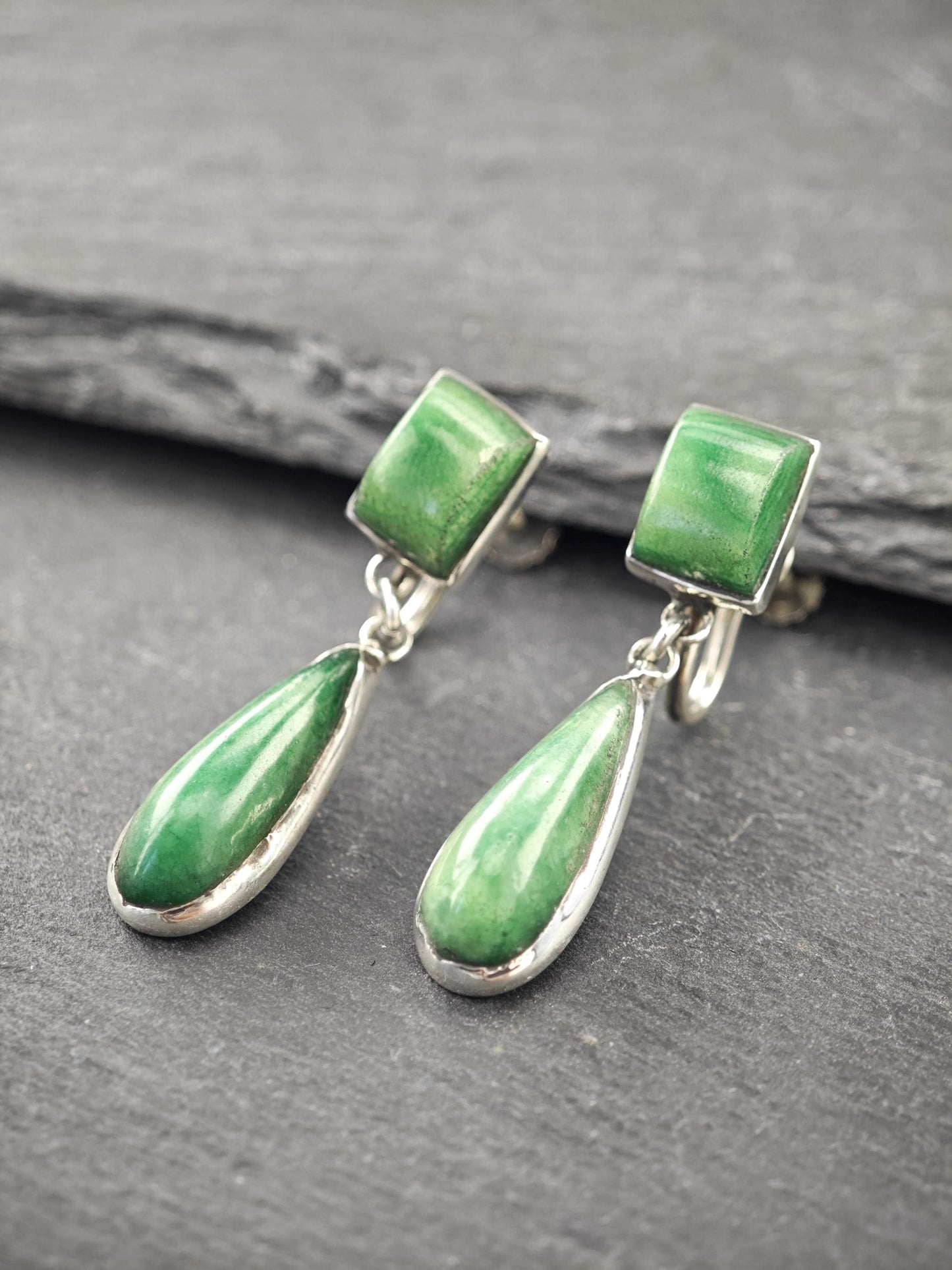 Green Gemstone, Teardrop Screw Back Earrings Sterling Silver