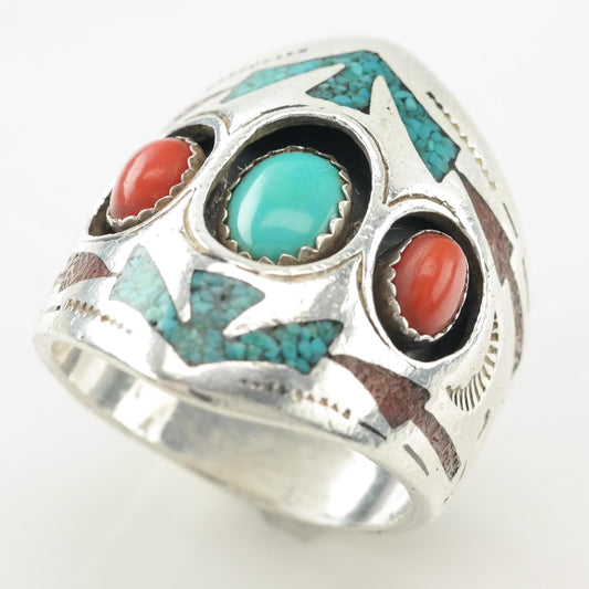 Navajo Native American Silver Ring Turquoise Coral Inlay Shadow Box Size 8 1/2
