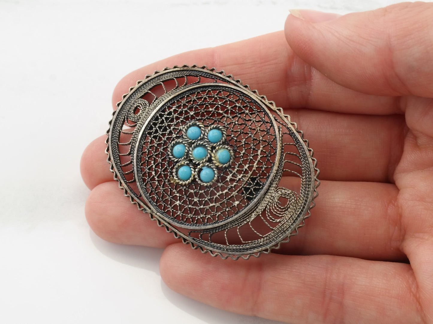 Vintage Filigree Turquoise Brooch Sterling Silver