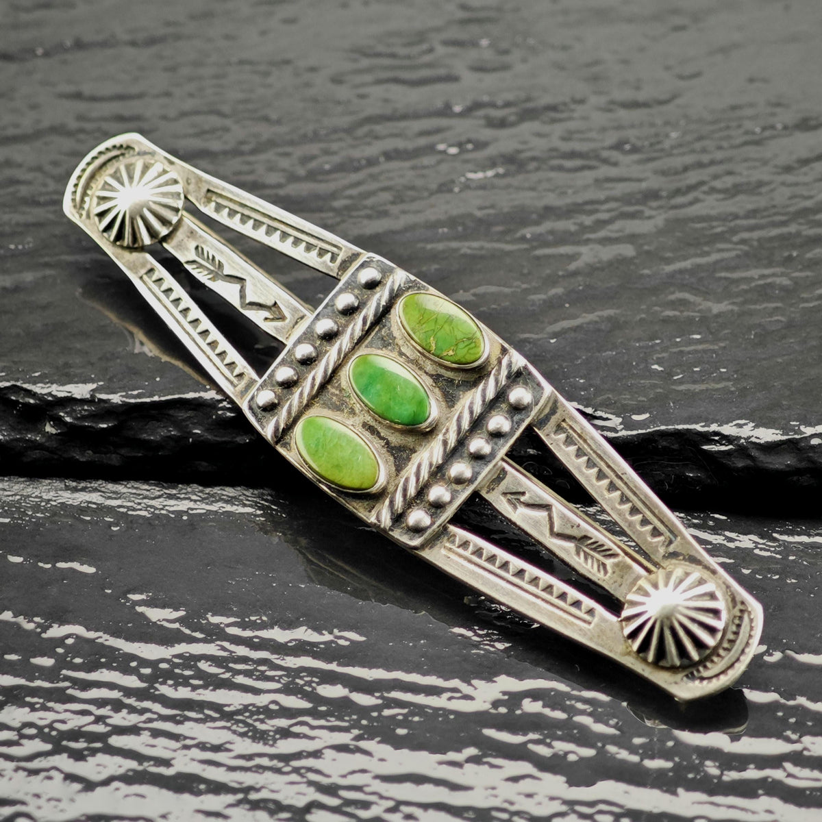 Fred Harvey Era Green Turquoise Stamped Sterling Silver Brooch B2271