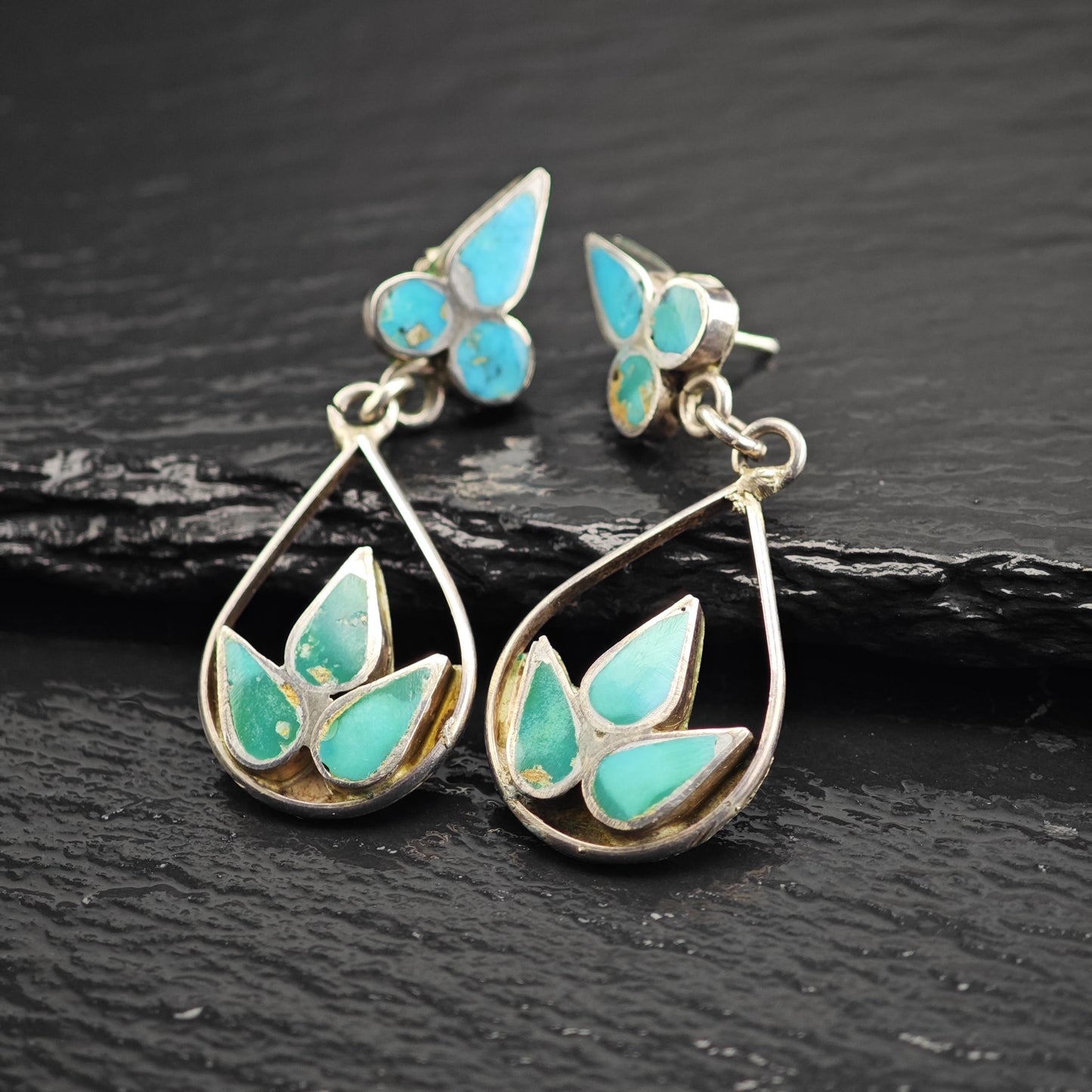 Vintage Zuni, Native American Turquoise Inlay Stud Sterling Silver Earrings ER3172
