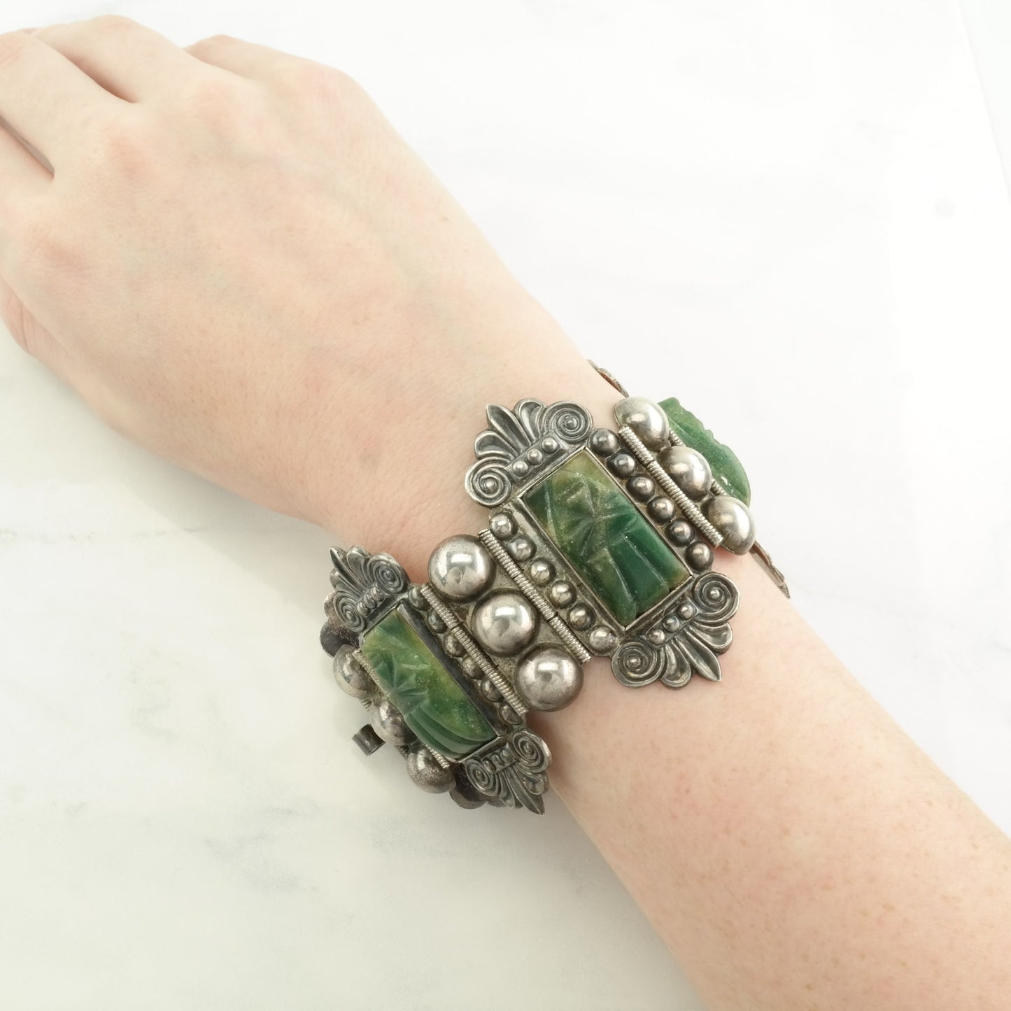 Taxco Sterling Silver Link Bracelet Green Guatemalan Jade Carved, Aztec Faces