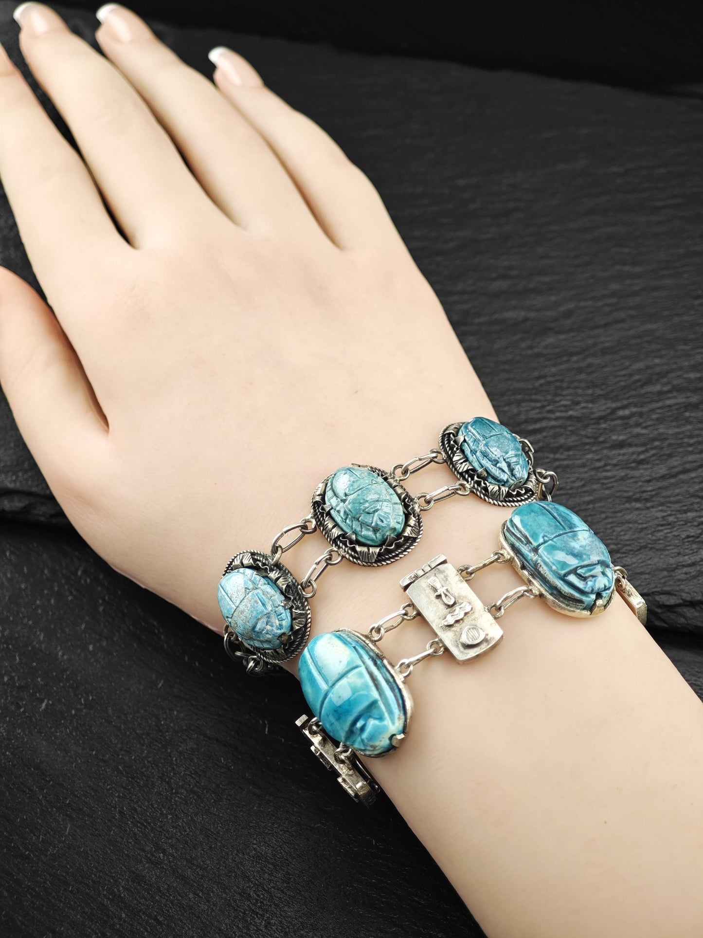 Archeological Egyptian Revival, Scarab Bracelet Sterling Silver