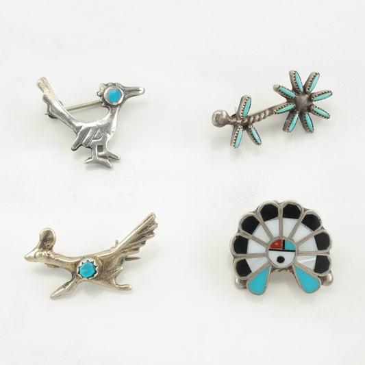 Choice of Native American Brooch Roadrunner, Flower, Zuni Sunface Multi Gem Sterling Silver