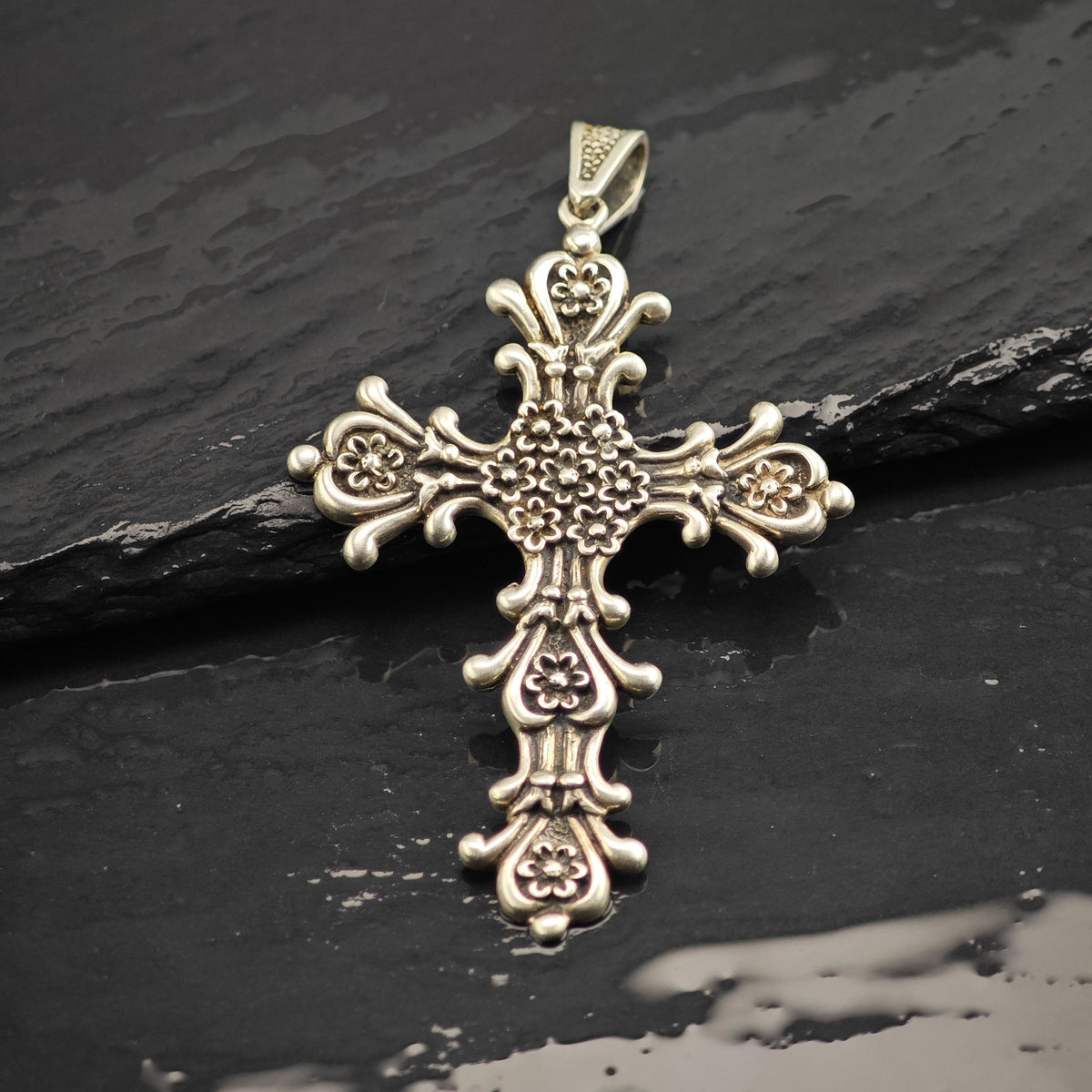Taxco Floral Cross Sterling Silver Pendant P3138