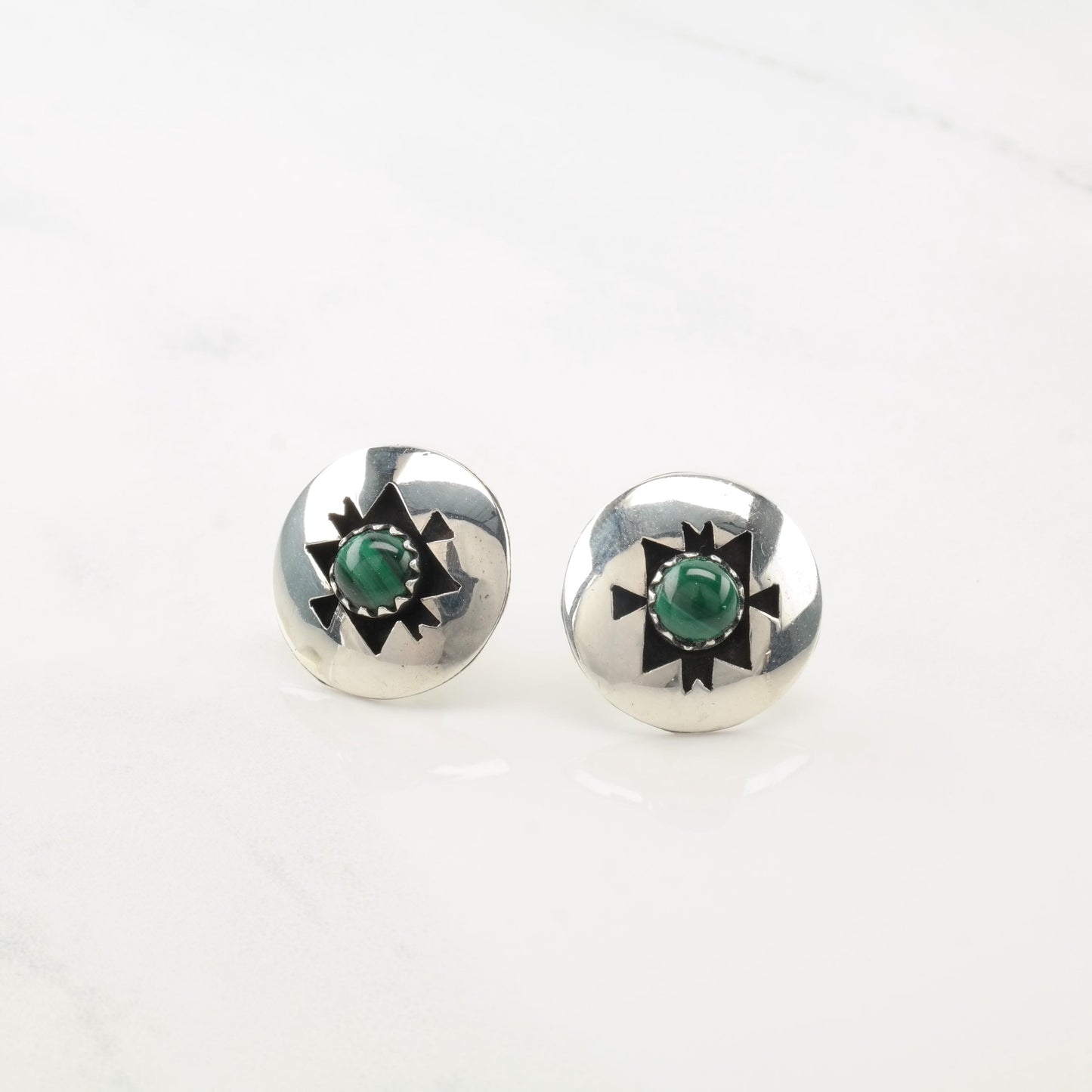 Vintage Southwest Green Malachite, Shadow Box Sterling Silver Stud Earrings