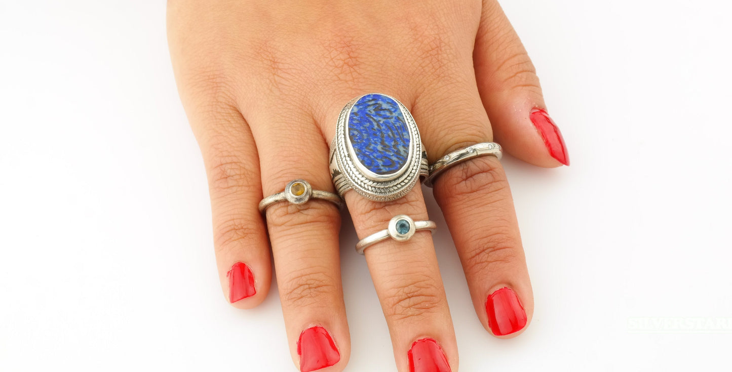 Vintage Blue Carved Lapis Silver Ring Size 10.5 Vintage Ethnographic Sterling