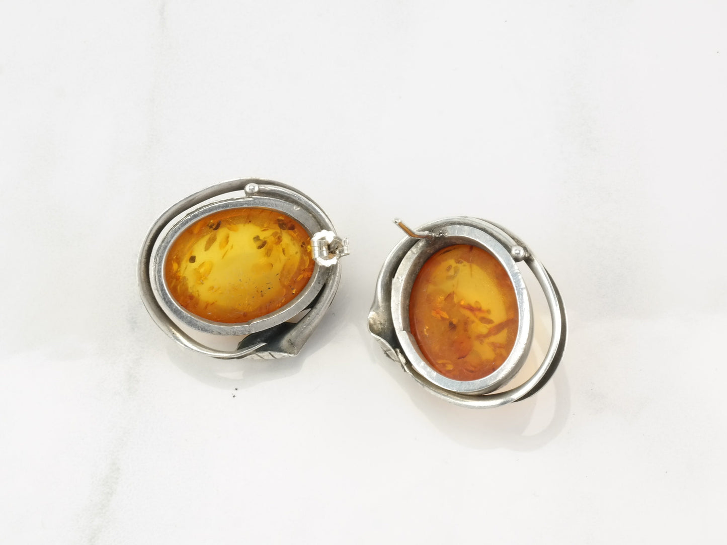 Art Novaue Style Sterling Silver Orange Amber Earrings Stud