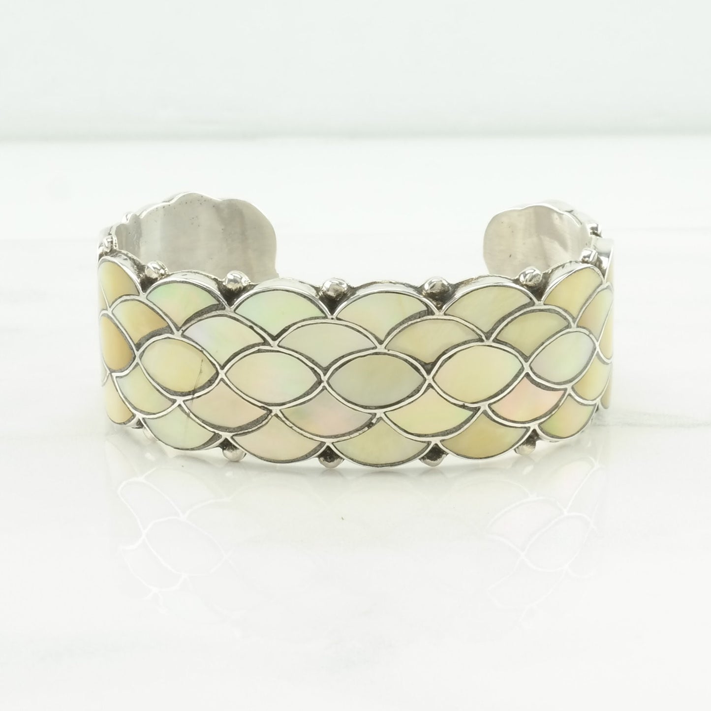 Zuni Sterling Silver Cuff Bracelet MOP Inlay, Fishscale