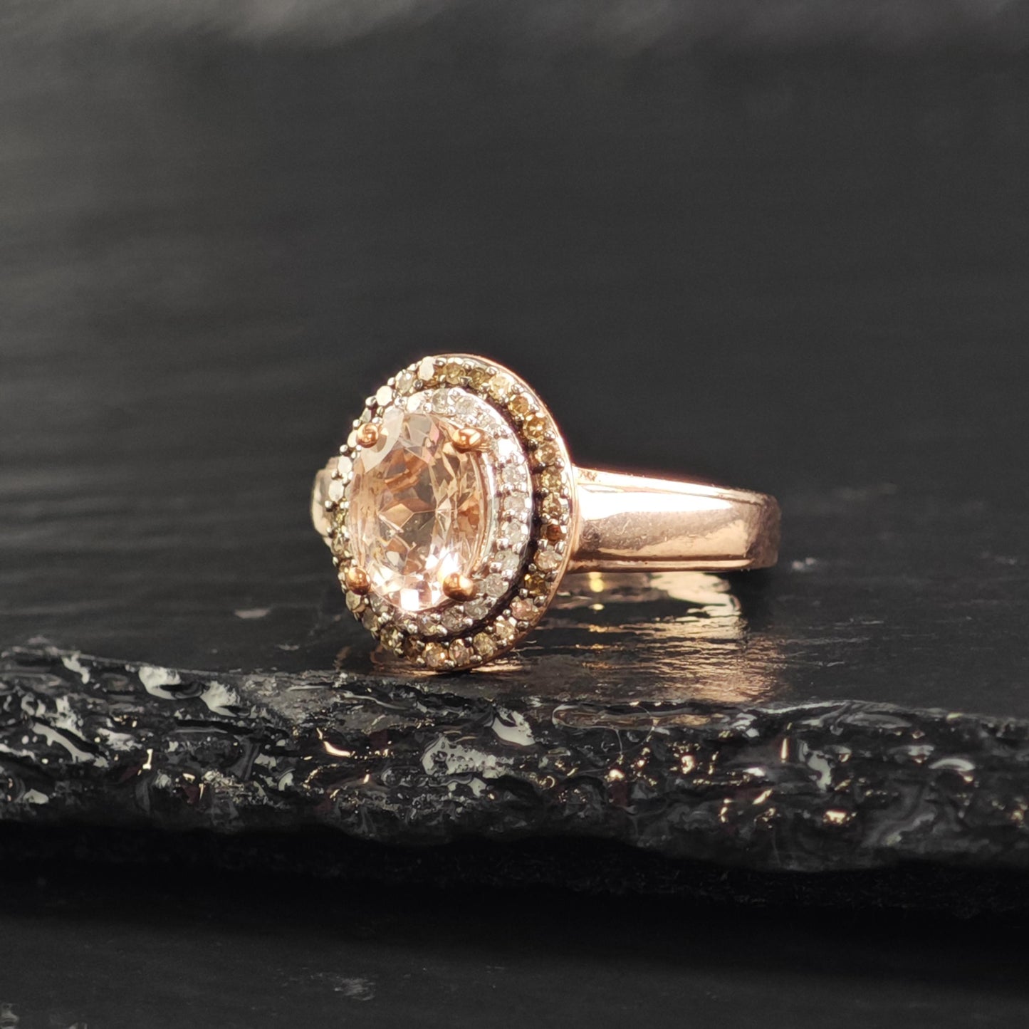 Morganite & Diamond Rose Gold Plated Sterling Silver Ring Sz 5 R6600
