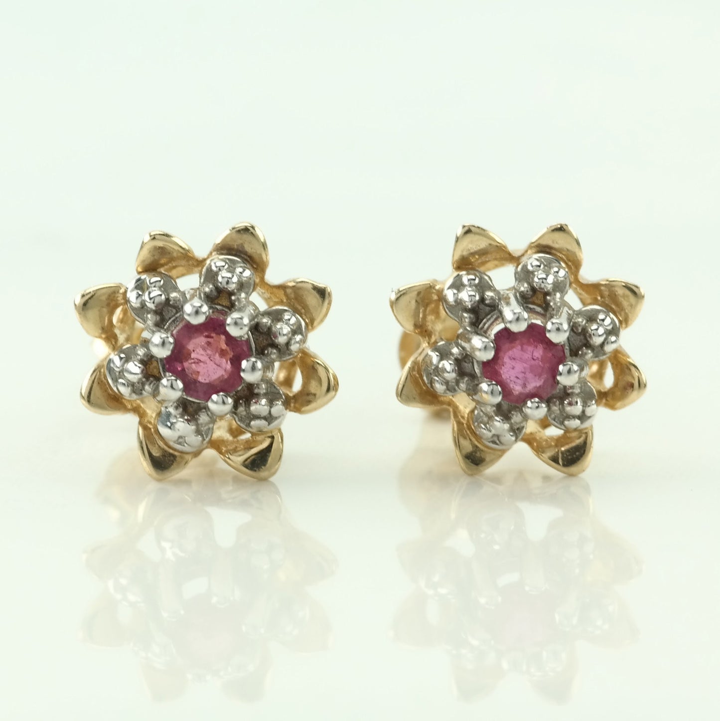 Vintage 14k Gold Stud Earrings Pink Ruby Floral